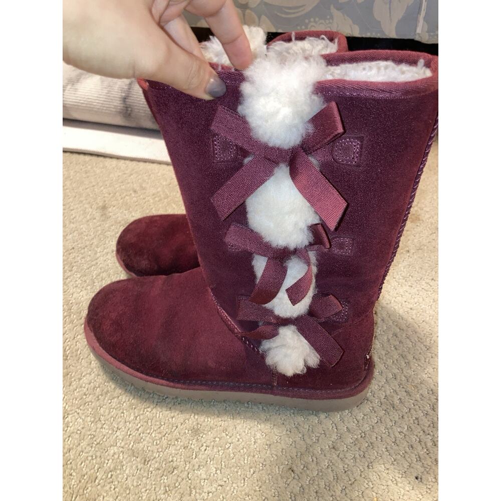 Koolaburra Style 1015 Burgundy Red Suede Faux Fur Lined Bow Knee High Boot 9 - Picture 5 of 5